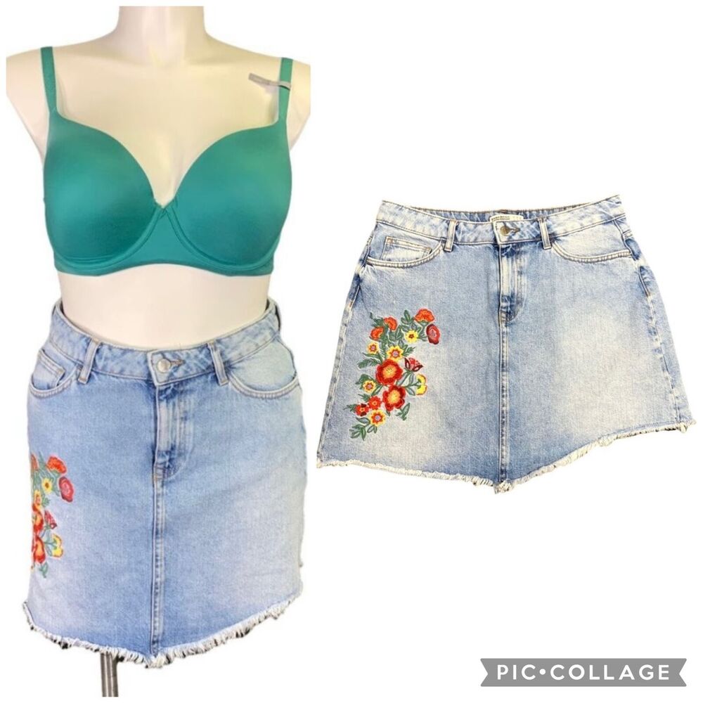 Zara Basic Womens Denim Blue Skirt Jean Floral Embroidered Asymmetrical Large